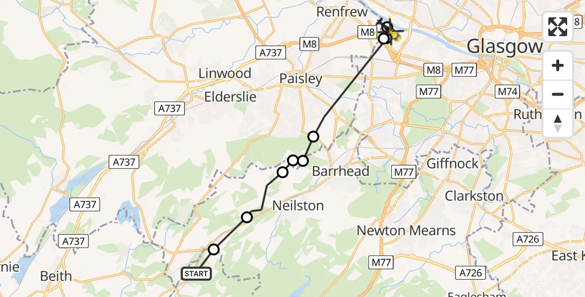 Flight route Police Helicopter Lugton - Glasgow, 02 February 2026, 21:01