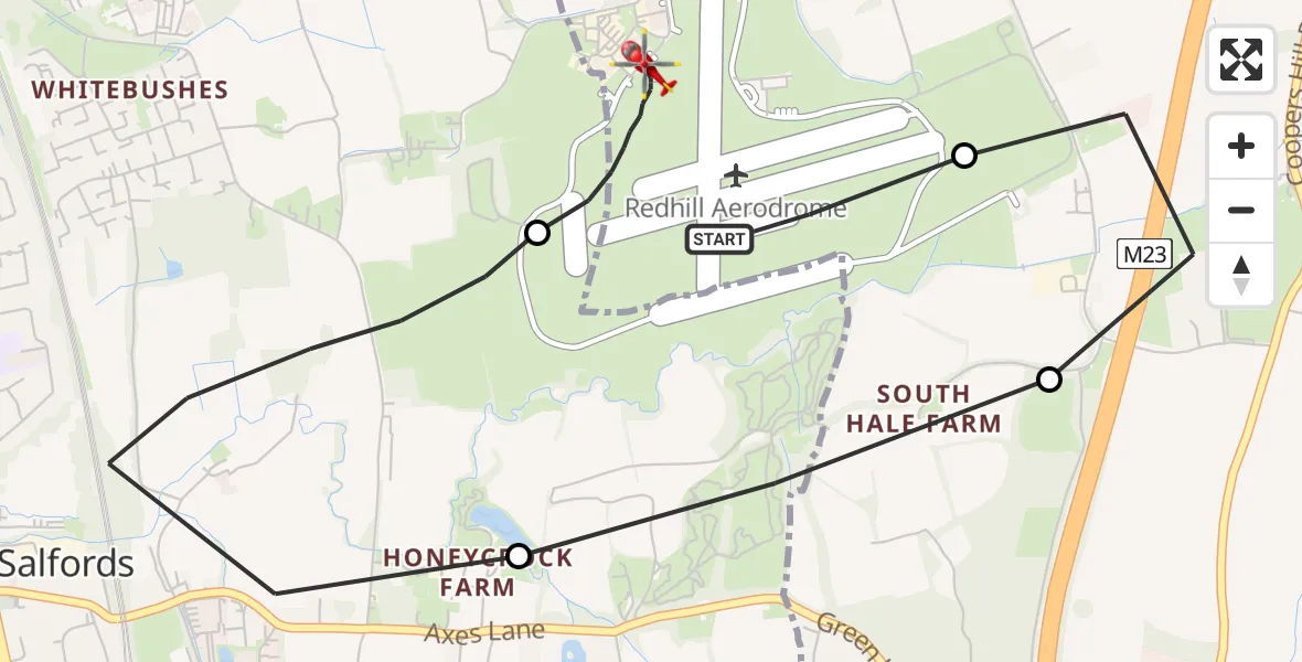 Flight route Air Ambulance Helicopter Redhill Aerodrome - Redhill Aerodrome, 02 February 2026, 21:30
