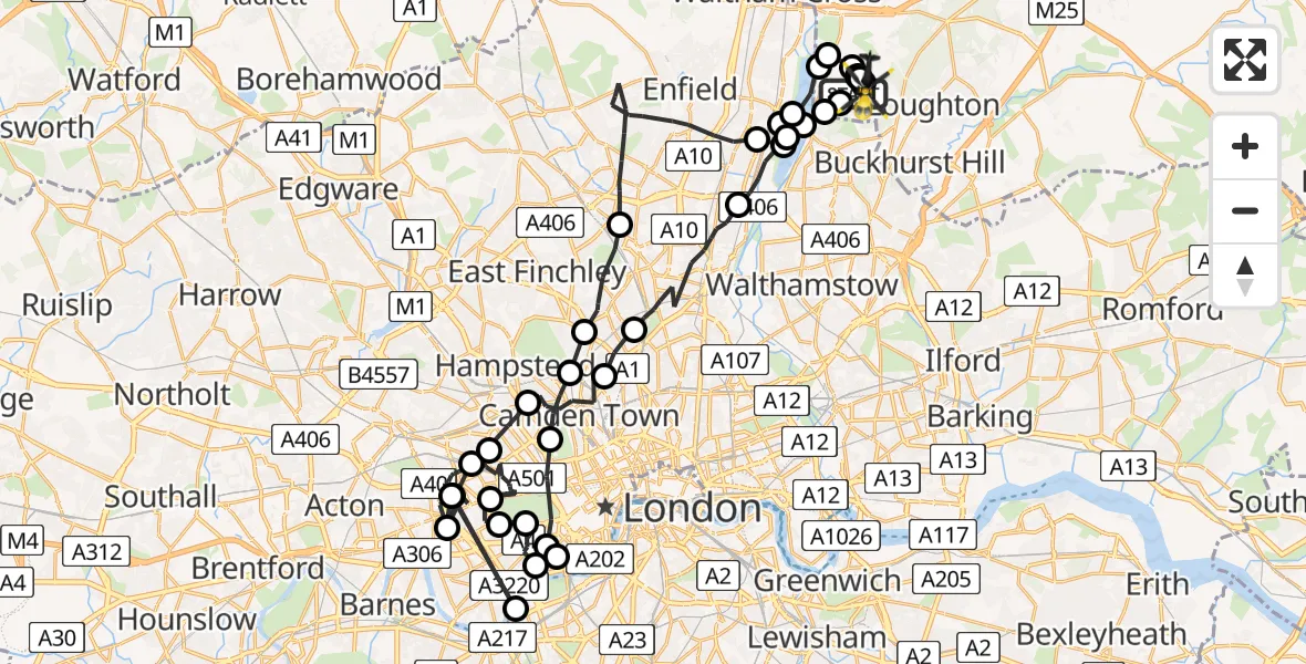 Flight route Police Helicopter Sewardstonebury - Metropolitan Police Air Support Unit Lippitts Hill, 02 February 2026, 23:20