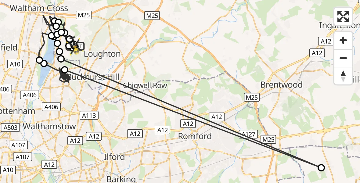 Flight route map: Police Helicopter to Metropolitan Police Air Support Unit Lippitts Hill, Metropolitan Police Air Support Unit Lippitts Hill