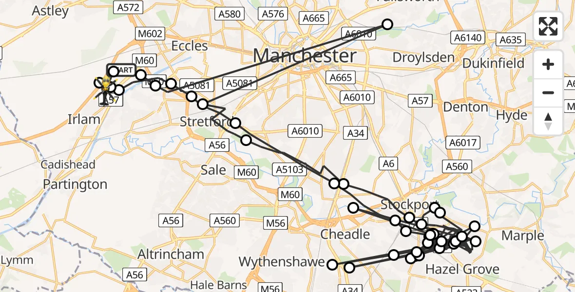 Routekaart van de vlucht: Police Helicopter to Eccles, Liverpool Road