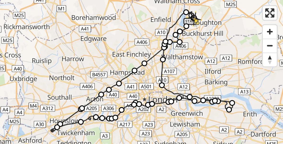 Flight route map: Police Helicopter to Metropolitan Police Air Support Unit Lippitts Hill, Metropolitan Police Air Support Unit Lippitts Hill