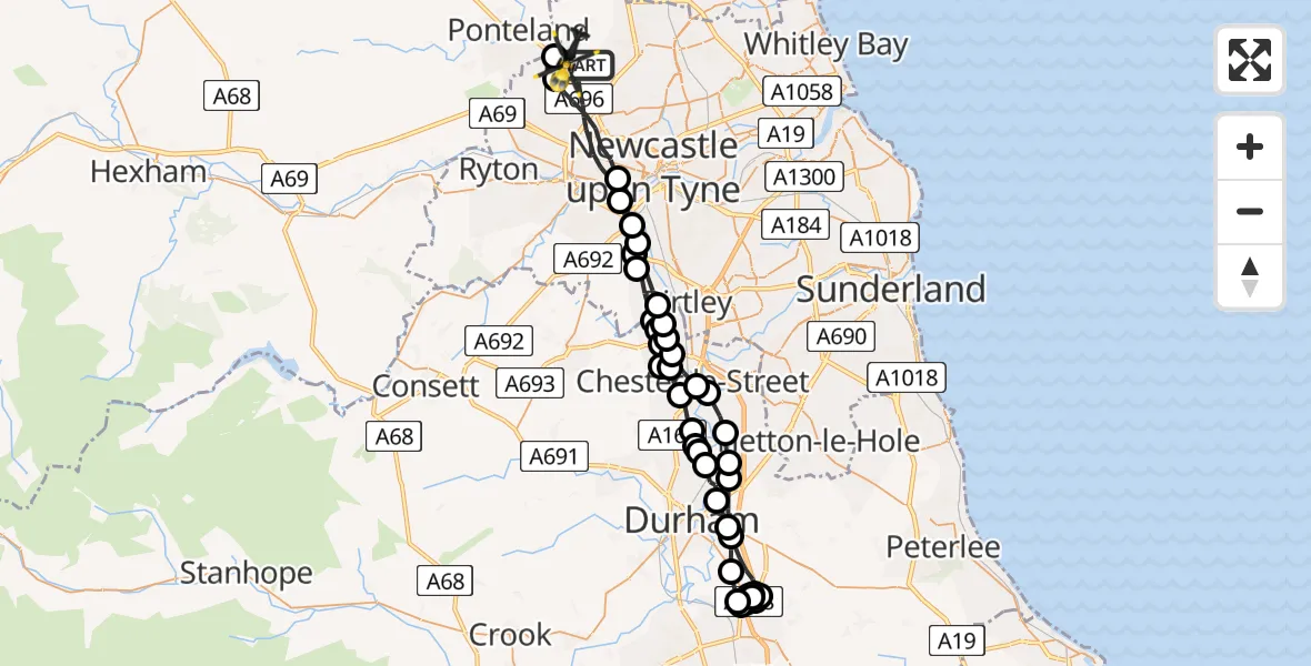 Flight route map: Police Helicopter to Newcastle International Airport, Newcastle International Airport