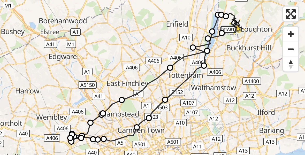 Flight route map: Police Helicopter to Sewardstonebury, Metropolitan Police Air Support Unit Lippitts Hill