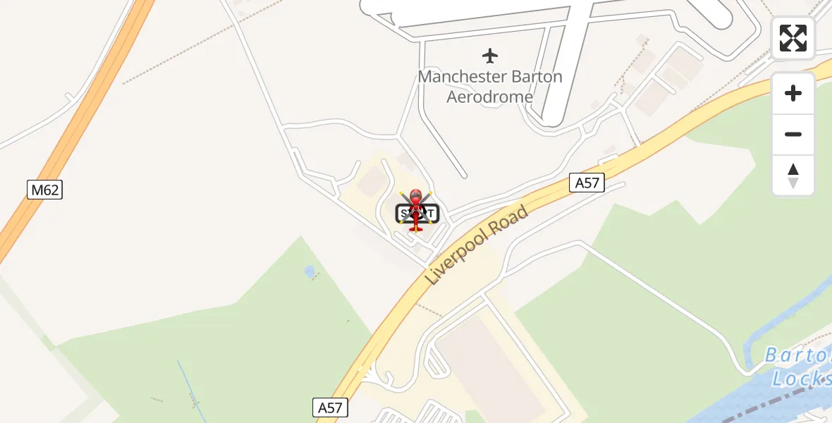 Flight path map showing Air Ambulance Helicopter route from Manchester Barton Aerodrome to Irlam