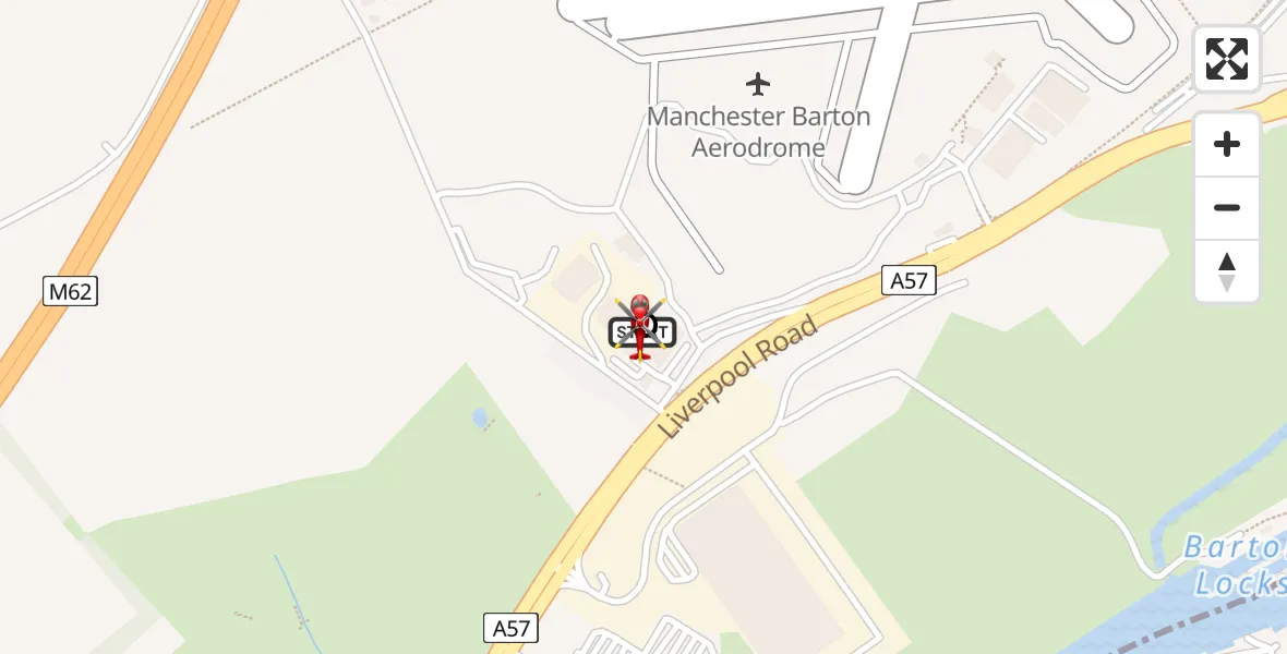 Flight path map showing Air Ambulance Helicopter route from Manchester Barton Aerodrome to Irlam