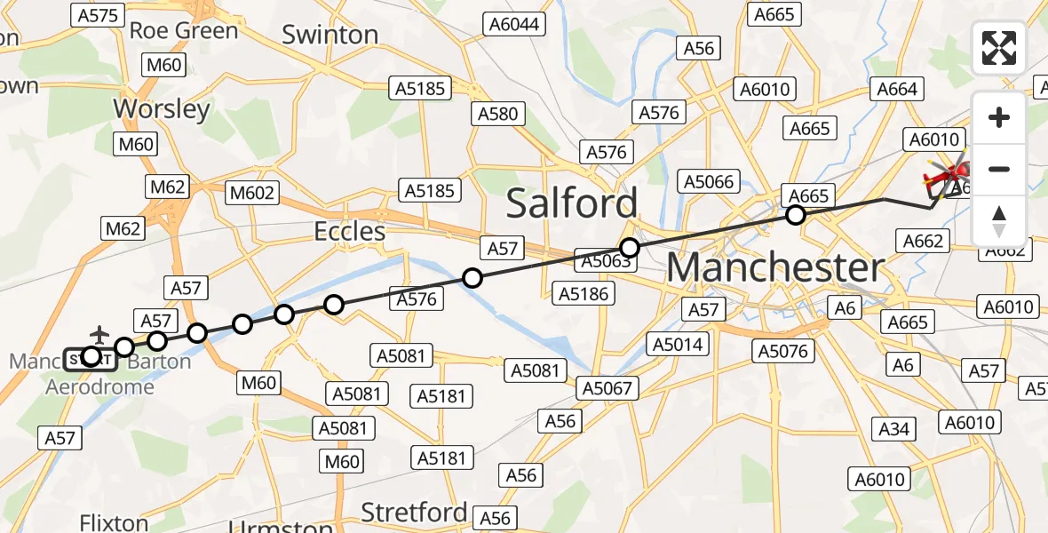 Flight route map: Air Ambulance Helicopter to Manchester, Coleshill Street