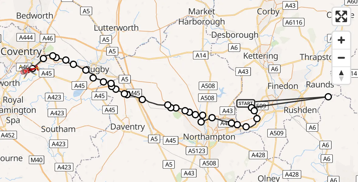 Routekaart van de vlucht: Air Ambulance Helicopter to Coventry Airport, Coventry Airport