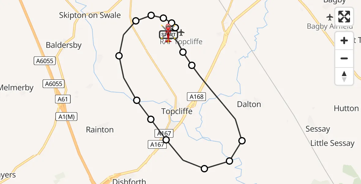 Flight route map: Air Ambulance Helicopter to RAF Topcliffe, RAF Topcliffe
