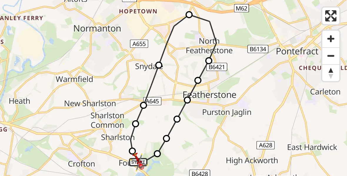 Flight path map showing Air Ambulance Helicopter route from YAA Nostell Helicopter Port to YAA Nostell Helicopter Port