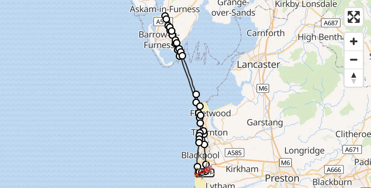 Flight route map: Air Ambulance Helicopter to Blackpool Airport, Blackpool Airport