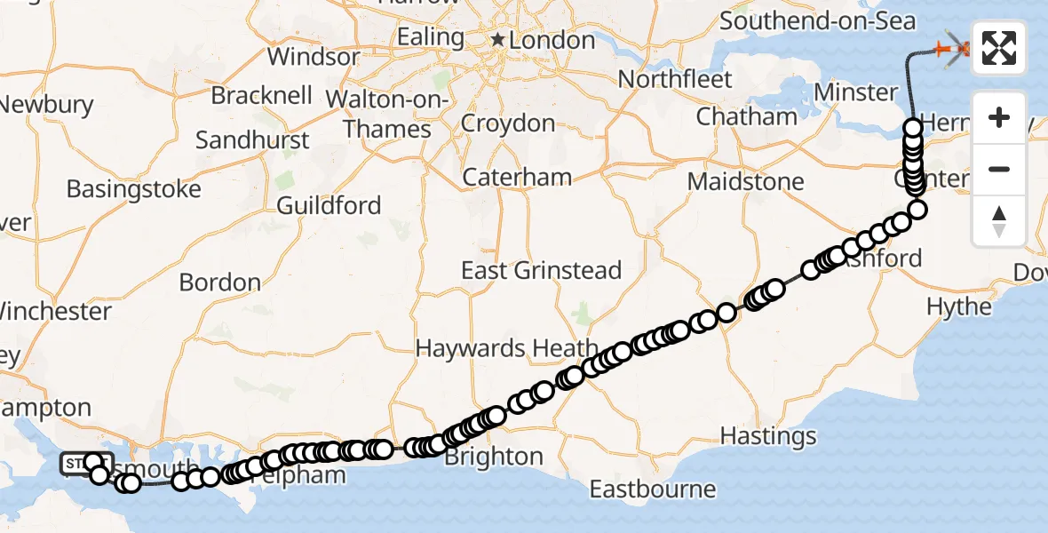 Flight route map: Coastguard Helicopter to North Sea, North Sea