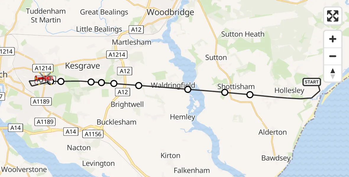 Routekaart van de vlucht: Air Ambulance Helicopter to Ipswich, Heath Road