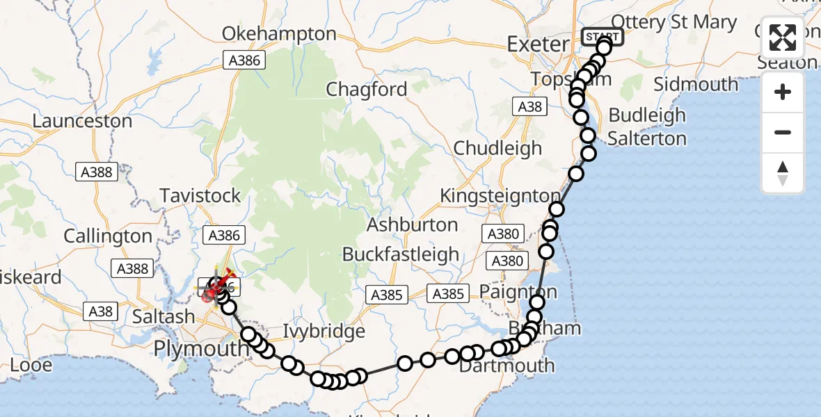 Flight route map: Air Ambulance Helicopter to Roborough, Tamerton Road