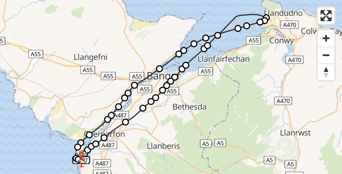 Flight path map showing Coastguard Helicopter route from Caernarfon Airport to Caernarfon Airport