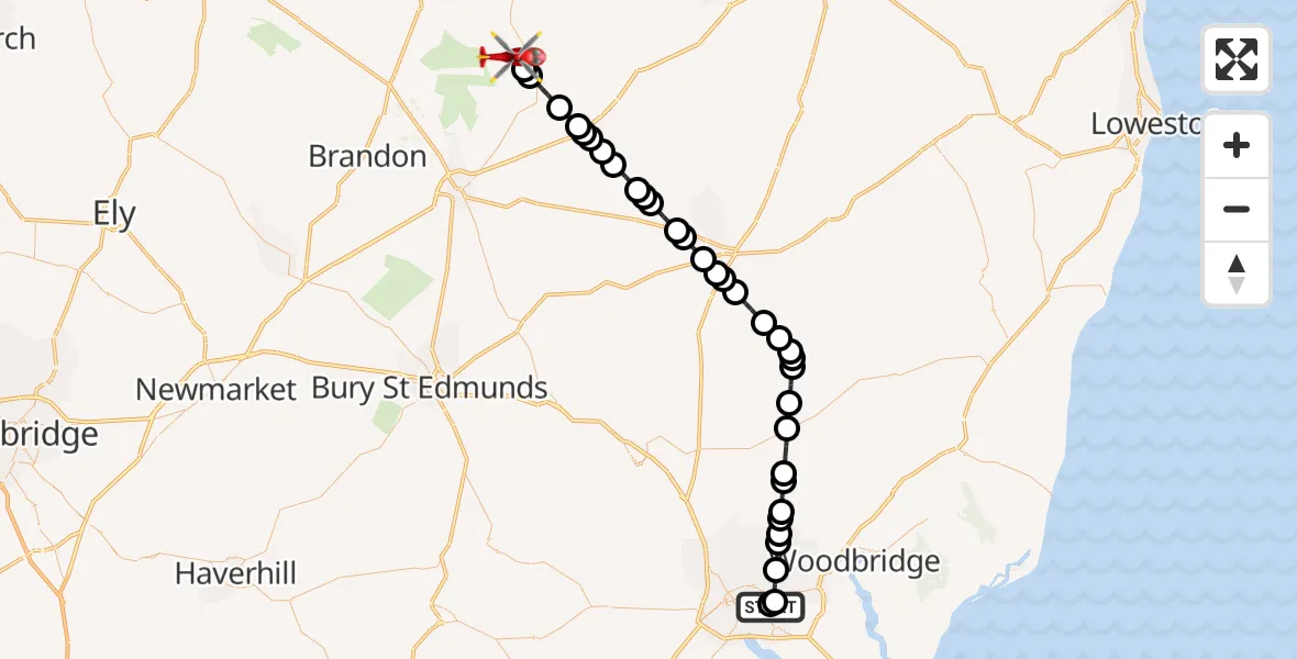 Routekaart van de vlucht: Air Ambulance Helicopter to Thompson, Mill Road