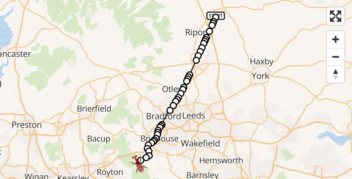 Flight route map: Air Ambulance Helicopter to Marsden, Fall Lane