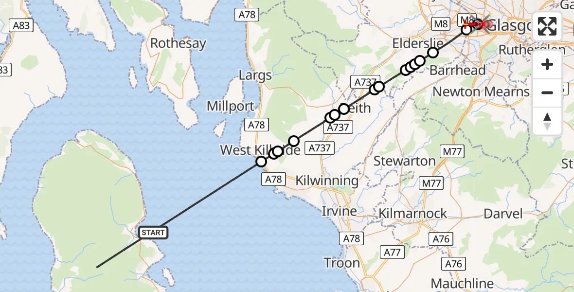 Flight route map: Air Ambulance Helicopter to Queen Elizabeth Hospital, Queen Elizabeth Hospital