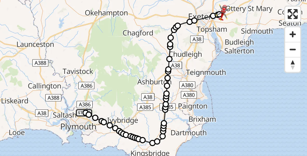 Flight route map: Air Ambulance Helicopter to Exeter International Airport, Exeter International Airport