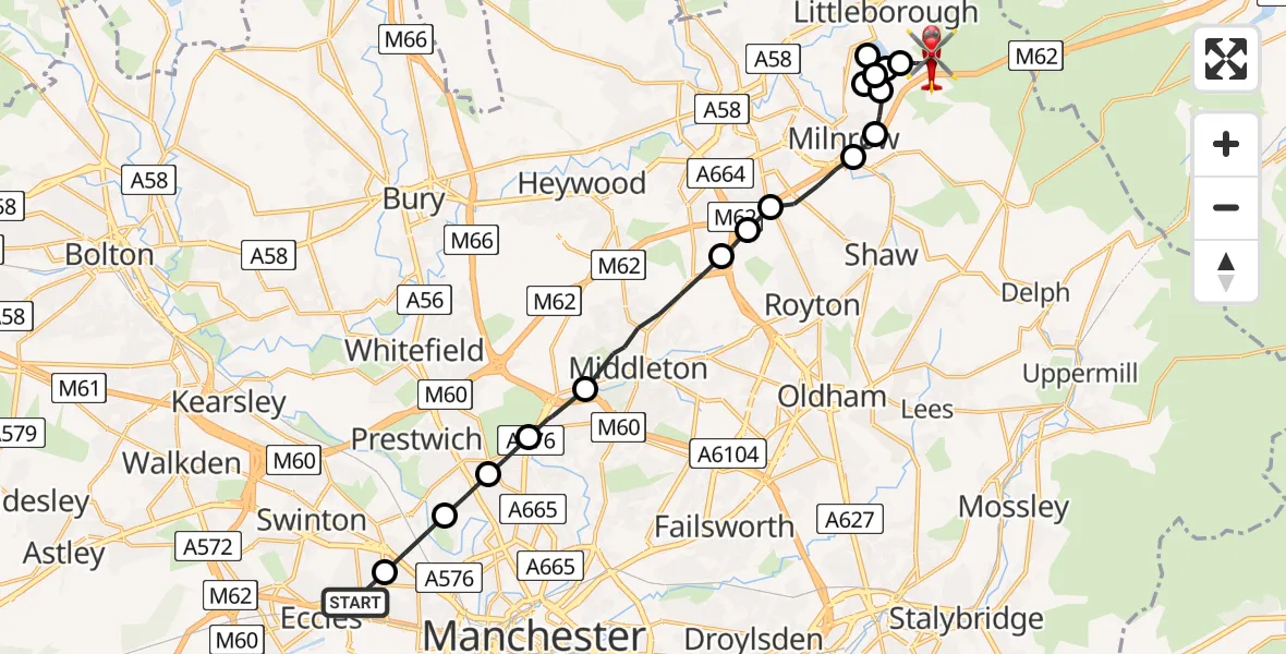 Flight route map: Air Ambulance Helicopter to Littleborough, M62