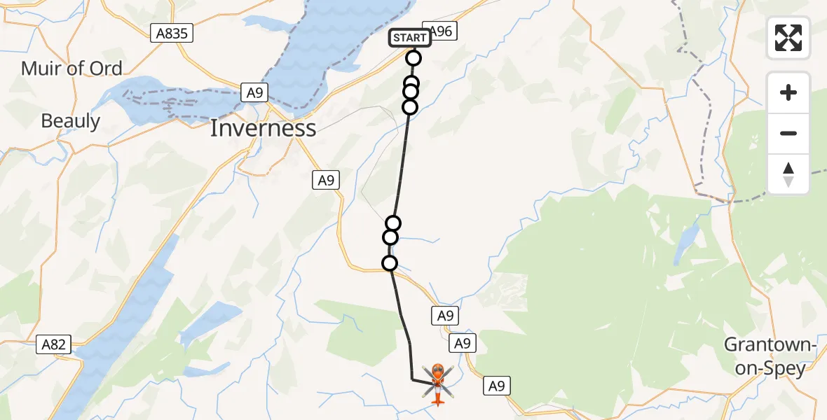 Flight route map: Coastguard Helicopter to Tomatin, Tomatin