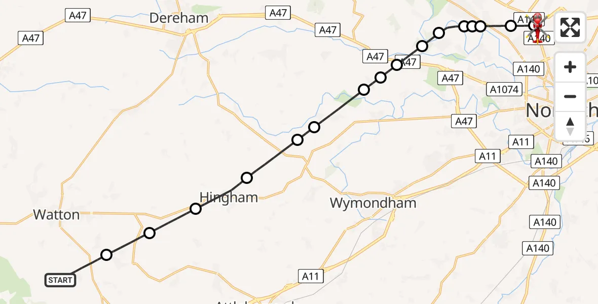 Routekaart van de vlucht: Air Ambulance Helicopter to Norwich Airport, Norwich Airport