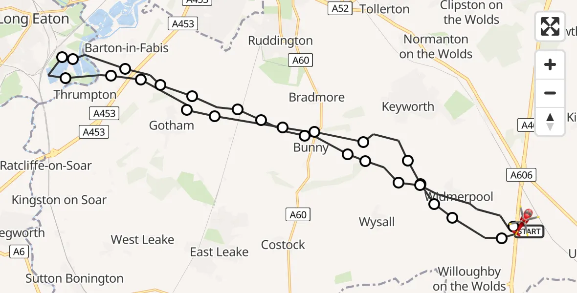 Flight route map: Air Ambulance Helicopter to Nottingham Heliport, Nottingham Heliport