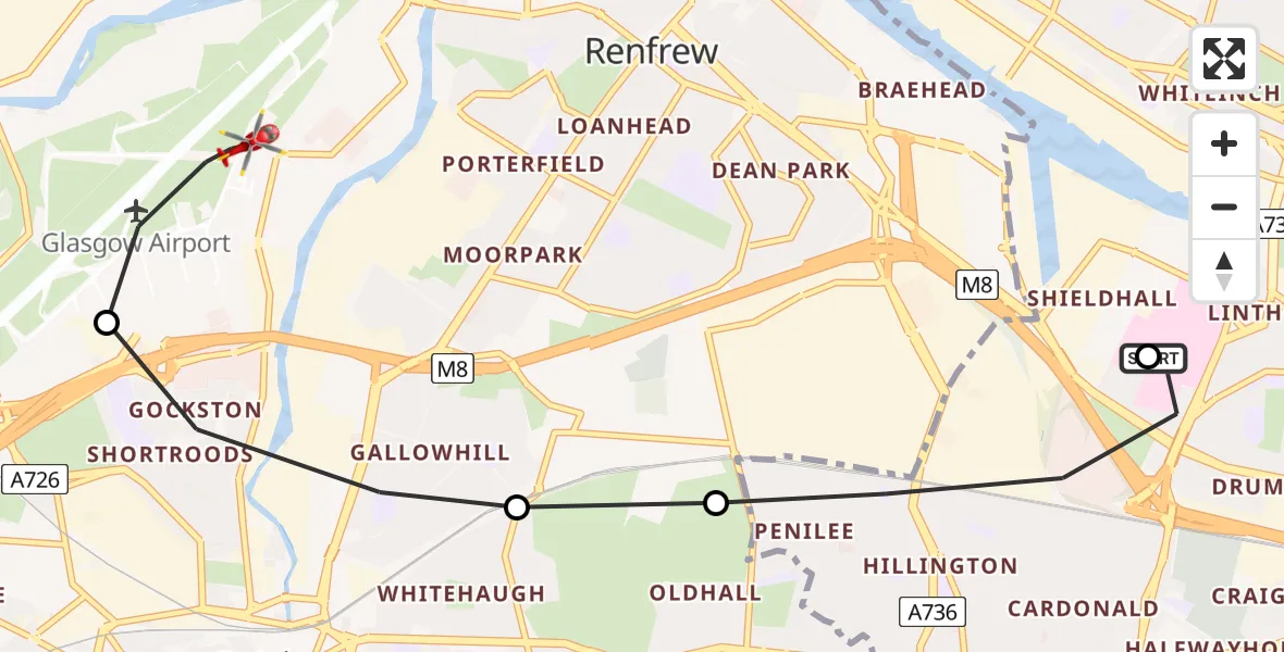 Flight route map: Air Ambulance Helicopter to Glasgow Airport, Glasgow Airport