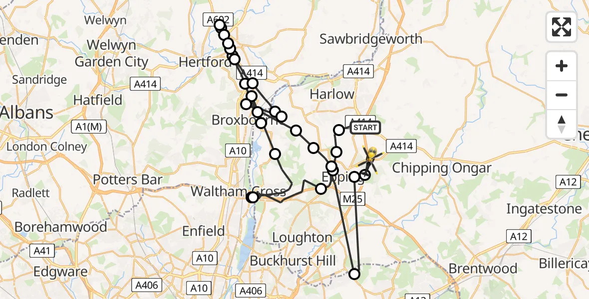 Flight route map: Police Helicopter to North Weald Bassett, M11