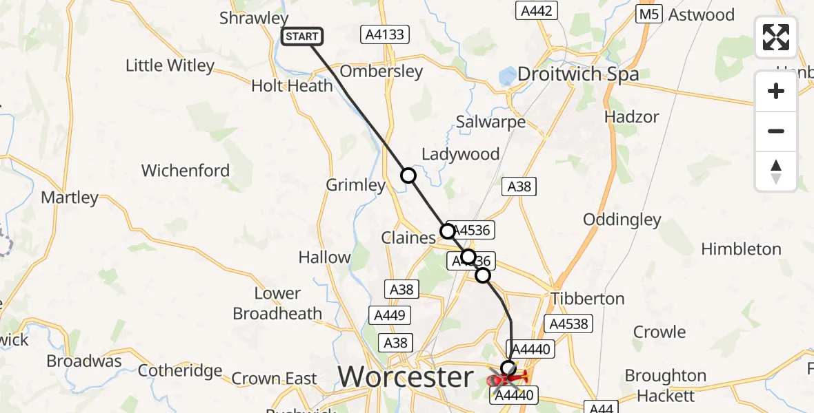 Routekaart van de vlucht: Air Ambulance Helicopter to Worcester Royal Hospital, Worcester Royal Hospital