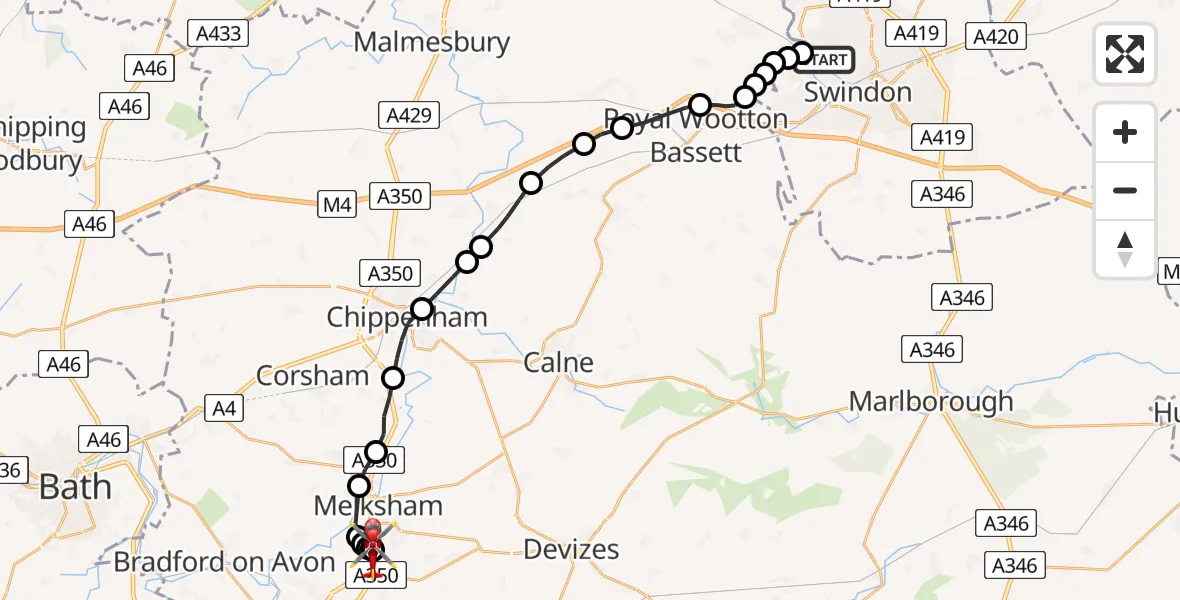 Flight route map: Air Ambulance Helicopter to Wiltshire Air Ambulance, Wiltshire Air Ambulance