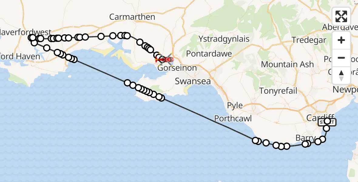 Flight route map: Air Ambulance Helicopter to Dafen, Heol Aur