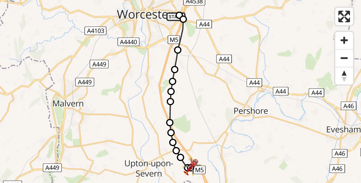 Flight route map: Air Ambulance Helicopter to Hill Croome, M5