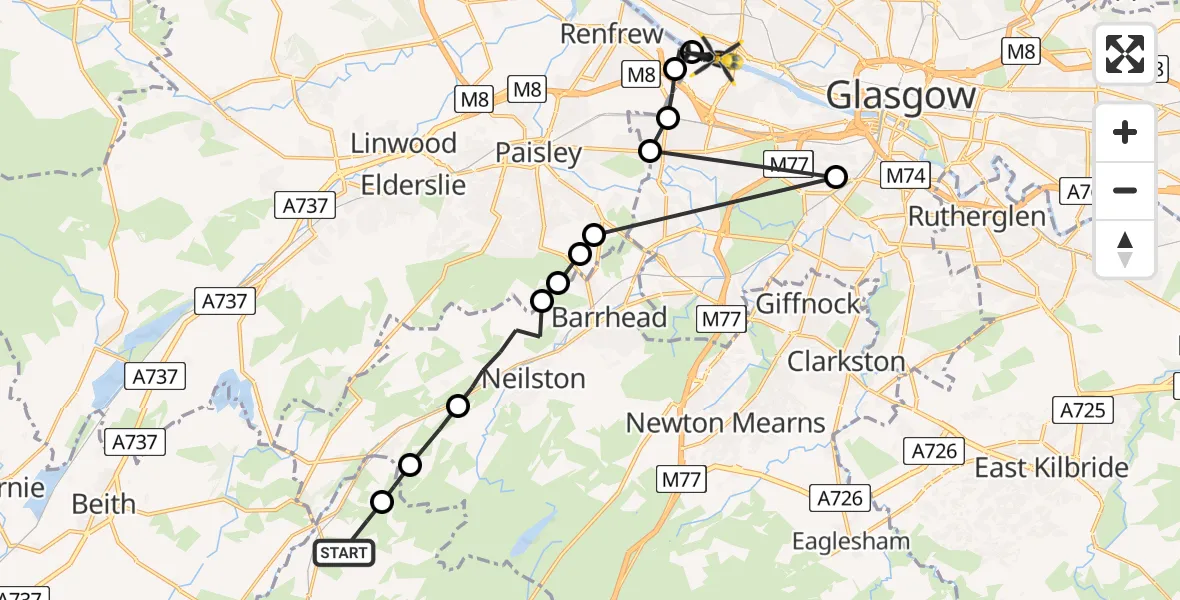 Routekaart van de vlucht: Police Helicopter to Glasgow, Clydeholm Road