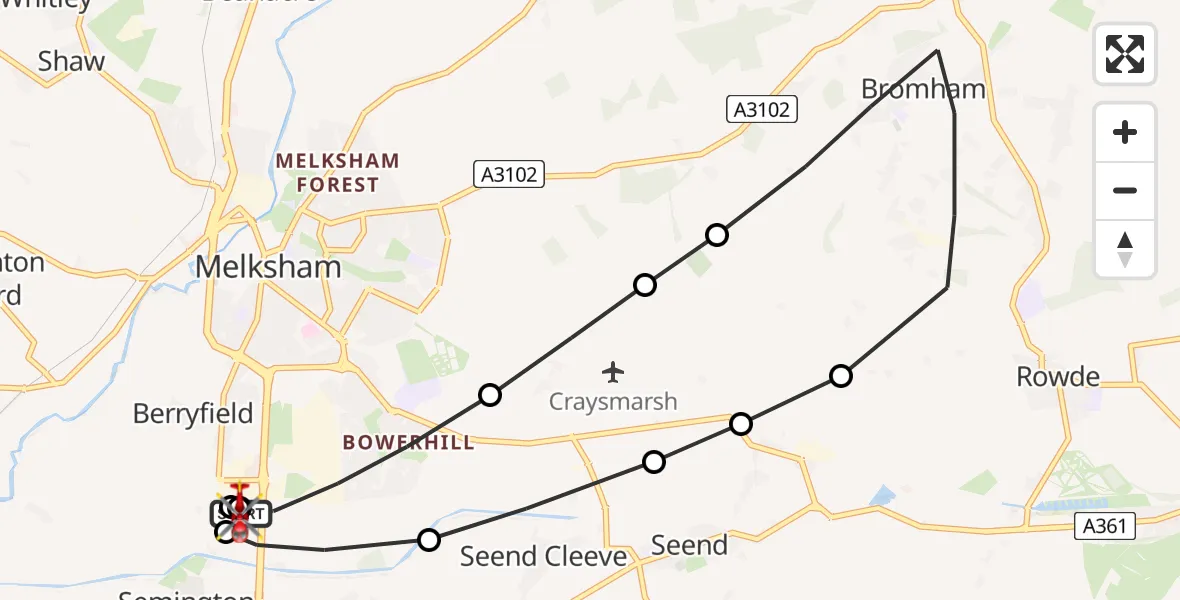 Flight path map showing Air Ambulance Helicopter route from Wiltshire Air Ambulance to Wiltshire Air Ambulance