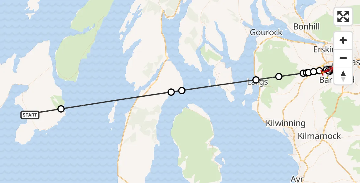 Flight route map: Air Ambulance Helicopter to Royal Alexandria Hospital Paisley, Royal Alexandria Hospital Paisley