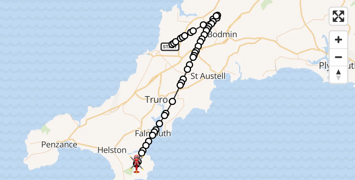 Flight route map: Air Ambulance Helicopter to Manaccan, Manaccan