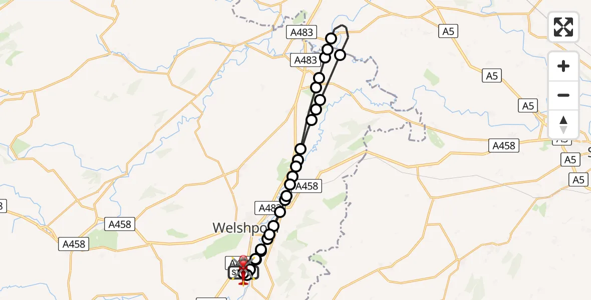 Flight route map: Air Ambulance Helicopter to Welshpool Airport, Welshpool Airport