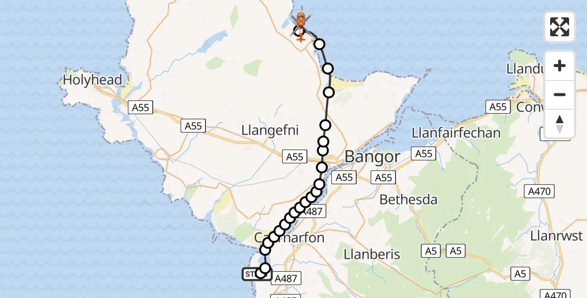 Flight route map: Coastguard Helicopter to Brynrefail, Brynrefail