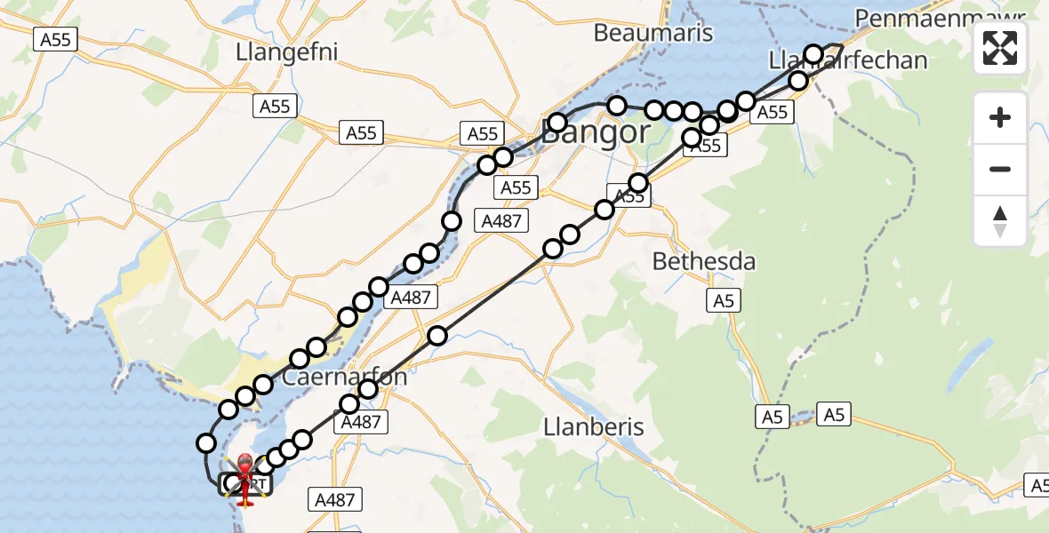 Flight path map showing Air Ambulance Helicopter route from Caernarfon Airport to Caernarfon Airport