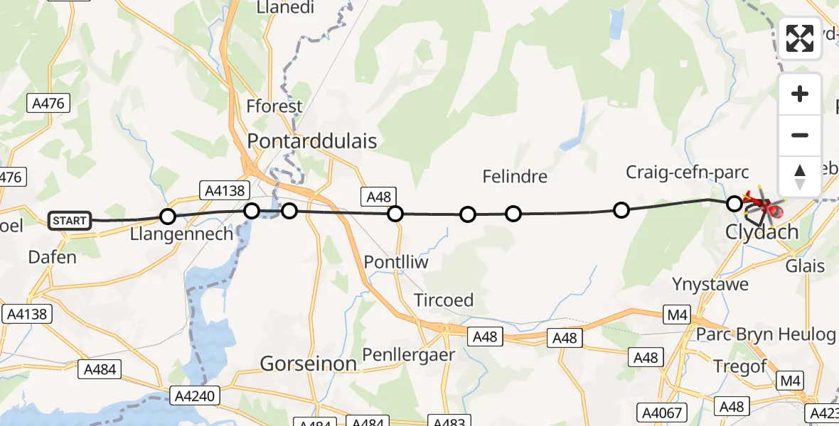Flight route map: Air Ambulance Helicopter to Clydach, Gellionen Road