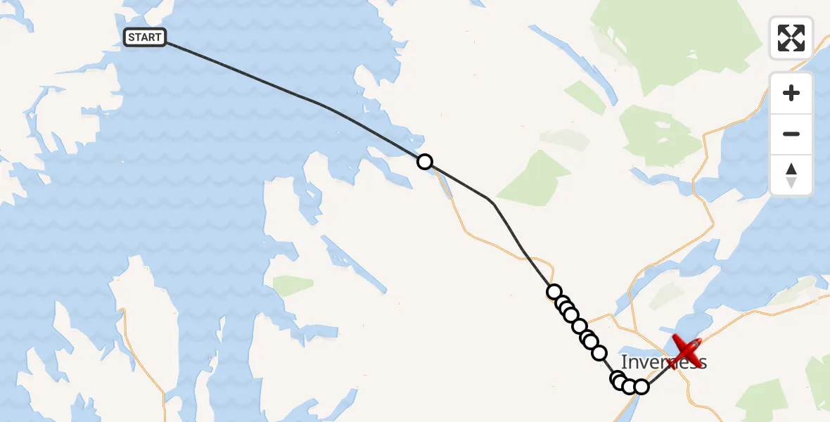Flight path map showing Air Ambulance Aircraft route from Inner Seas to Inverness