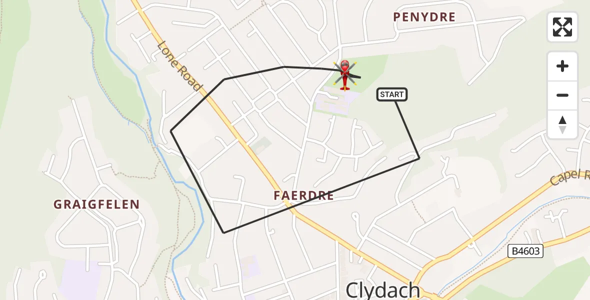 Flight route map: Air Ambulance Helicopter to Clydach, Gellionen Road