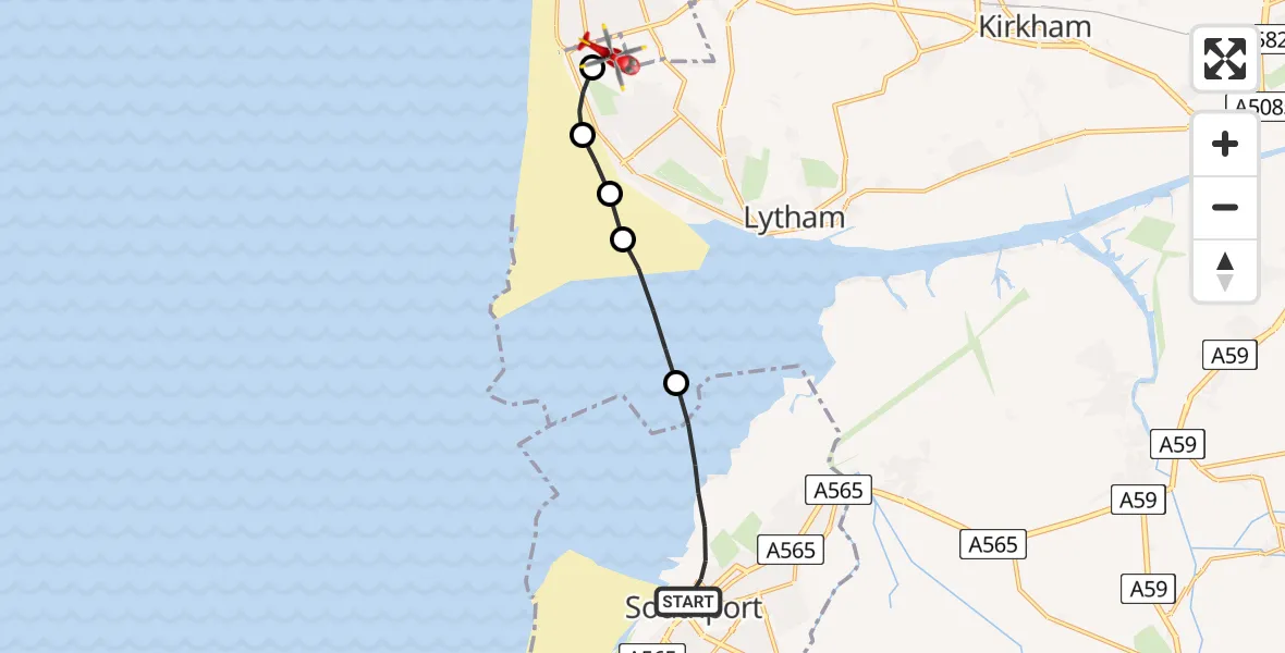 Flight route map: Air Ambulance Helicopter to Blackpool Airport, Blackpool Airport