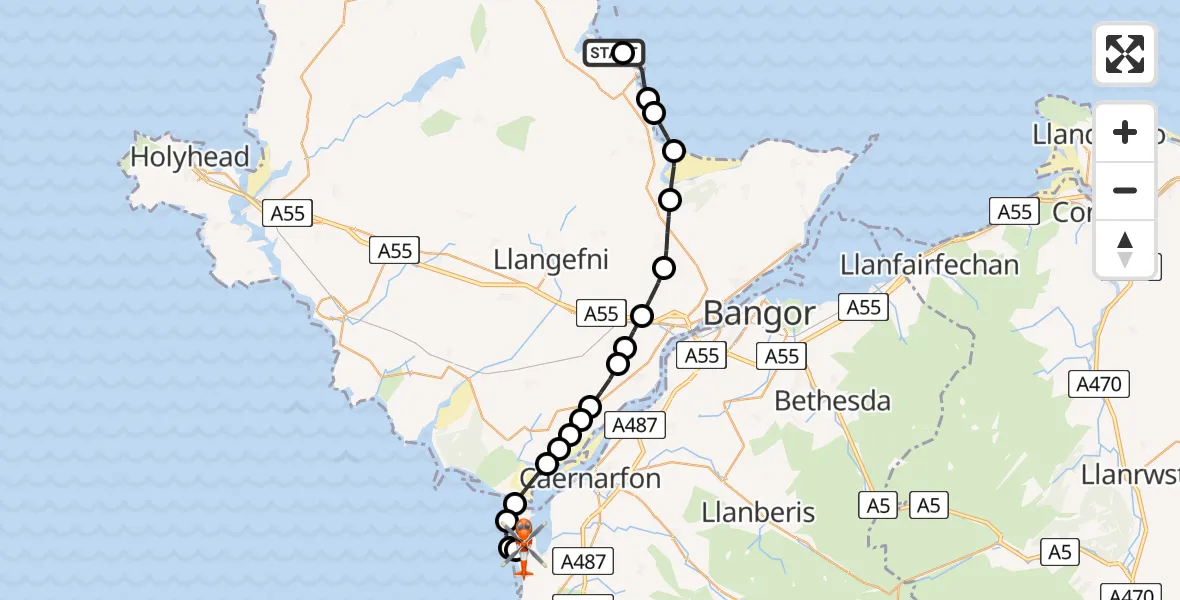 Flight route map: Coastguard Helicopter to Caernarfon Airport, Caernarfon Airport