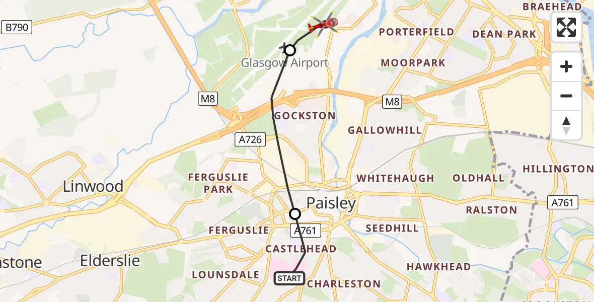 Flight route map: Air Ambulance Helicopter to Glasgow Airport, Glasgow Airport
