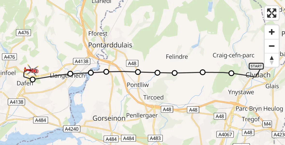 Routekaart van de vlucht: Air Ambulance Helicopter to Dafen, Heol Aur