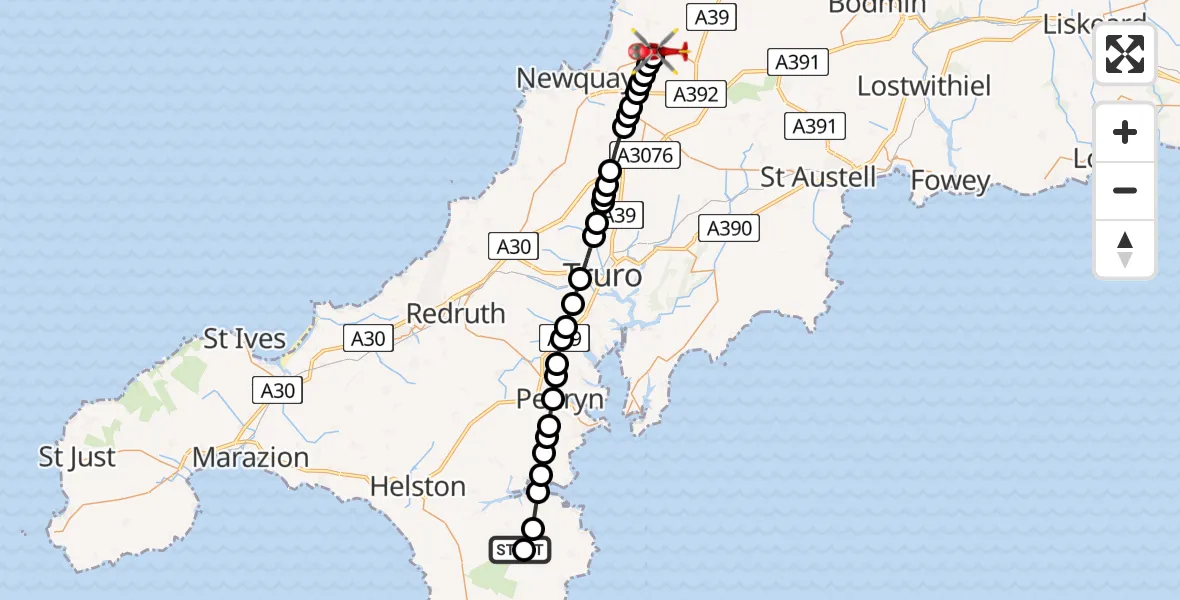 Routekaart van de vlucht: Air Ambulance Helicopter to Cornwall Airport Newquay, Cornwall Airport Newquay