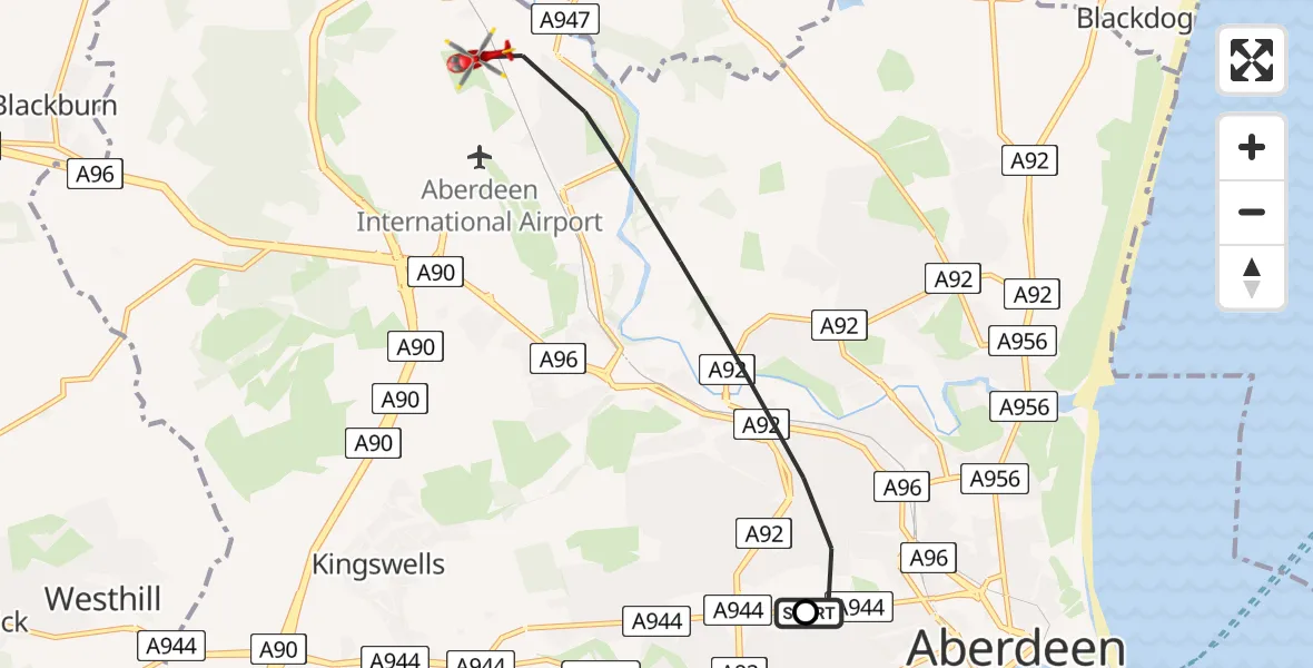 Flight route map: Air Ambulance Helicopter to Aberdeen City, Kirkton Drive