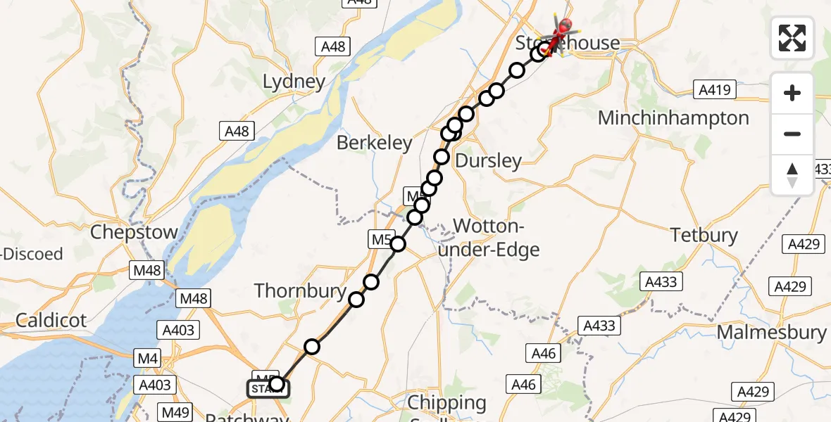 Flight route map: Air Ambulance Helicopter to Stonehouse, Stonedale Road